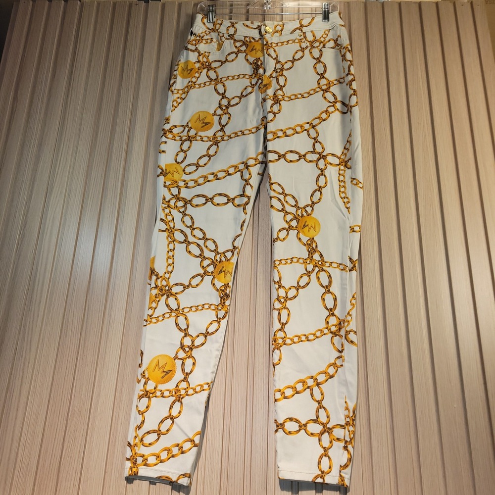 Nicki Minaj Jazz High Rise Gold Chain Print Skinny Pants White Womens 11/12